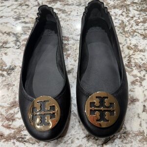 Tory Burch Black Flats with Gold Emblem